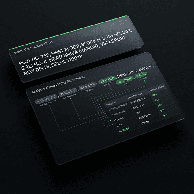Enterprise Address NER text processing system dashboard showing raw unstructured text parsed into structured geographic entities