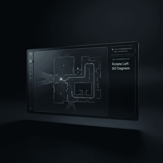 Voice-controlled robot SLAM navigation dashboard showing spatial map, voice command transcription feed, and active robot trajectory status