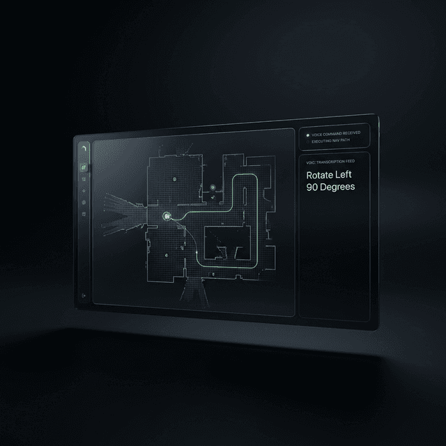 Voice-controlled robot SLAM navigation dashboard showing spatial map, voice command transcription feed, and active robot trajectory status